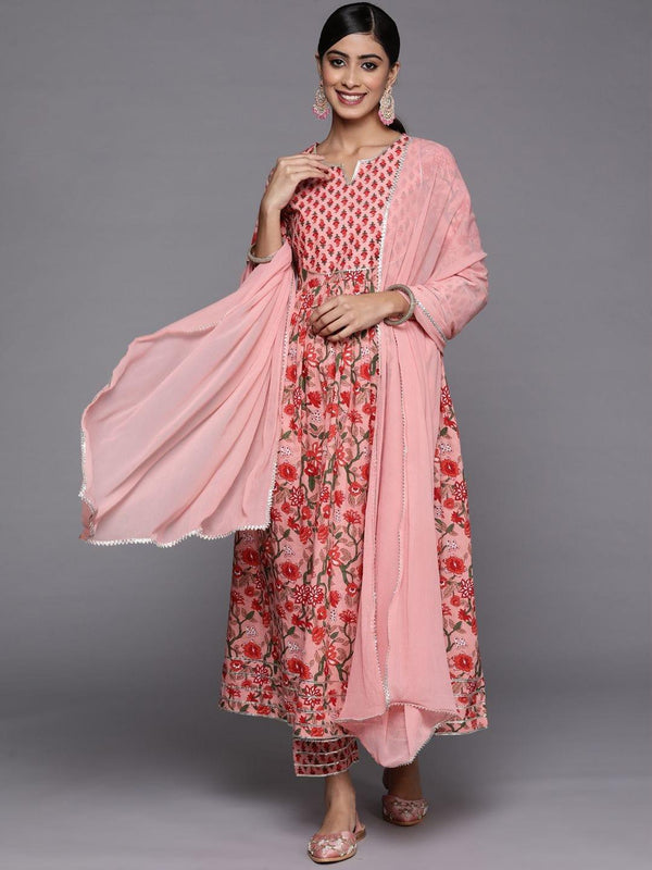 Varanga peach floral kurta with printed bottom and tonal chiffon dupatta - Indiakreations