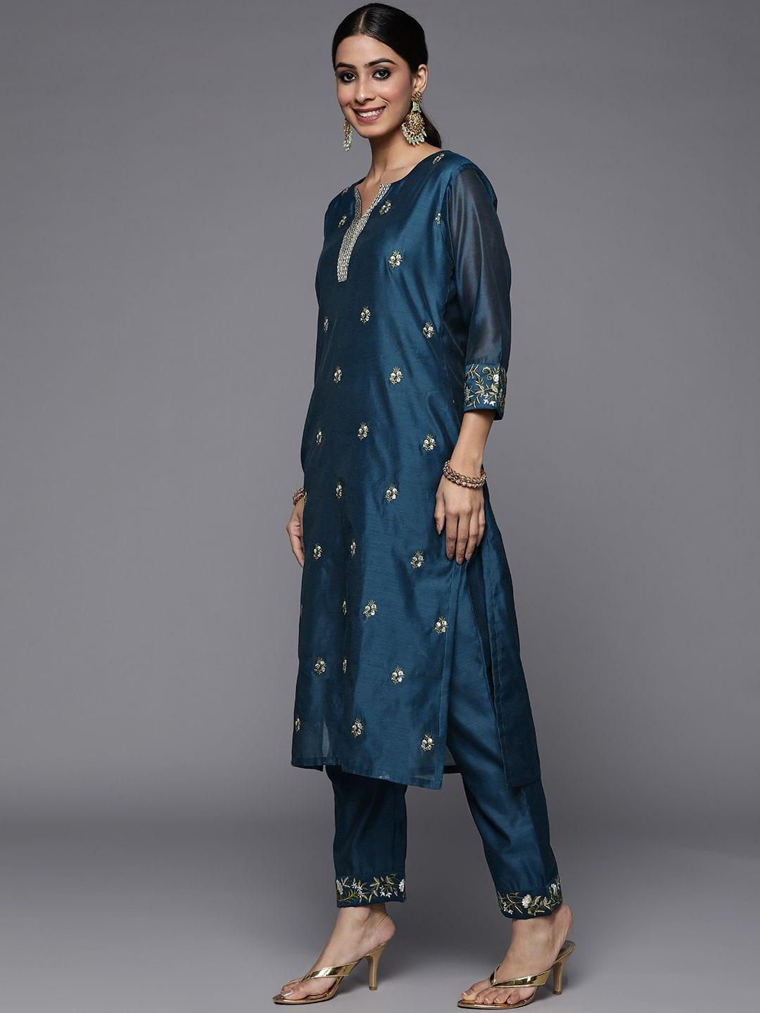 Varanga Navy Blue Embroidered Kurta Paired With Straight Tonal Trouser And Contrast Dupatta - Indiakreations