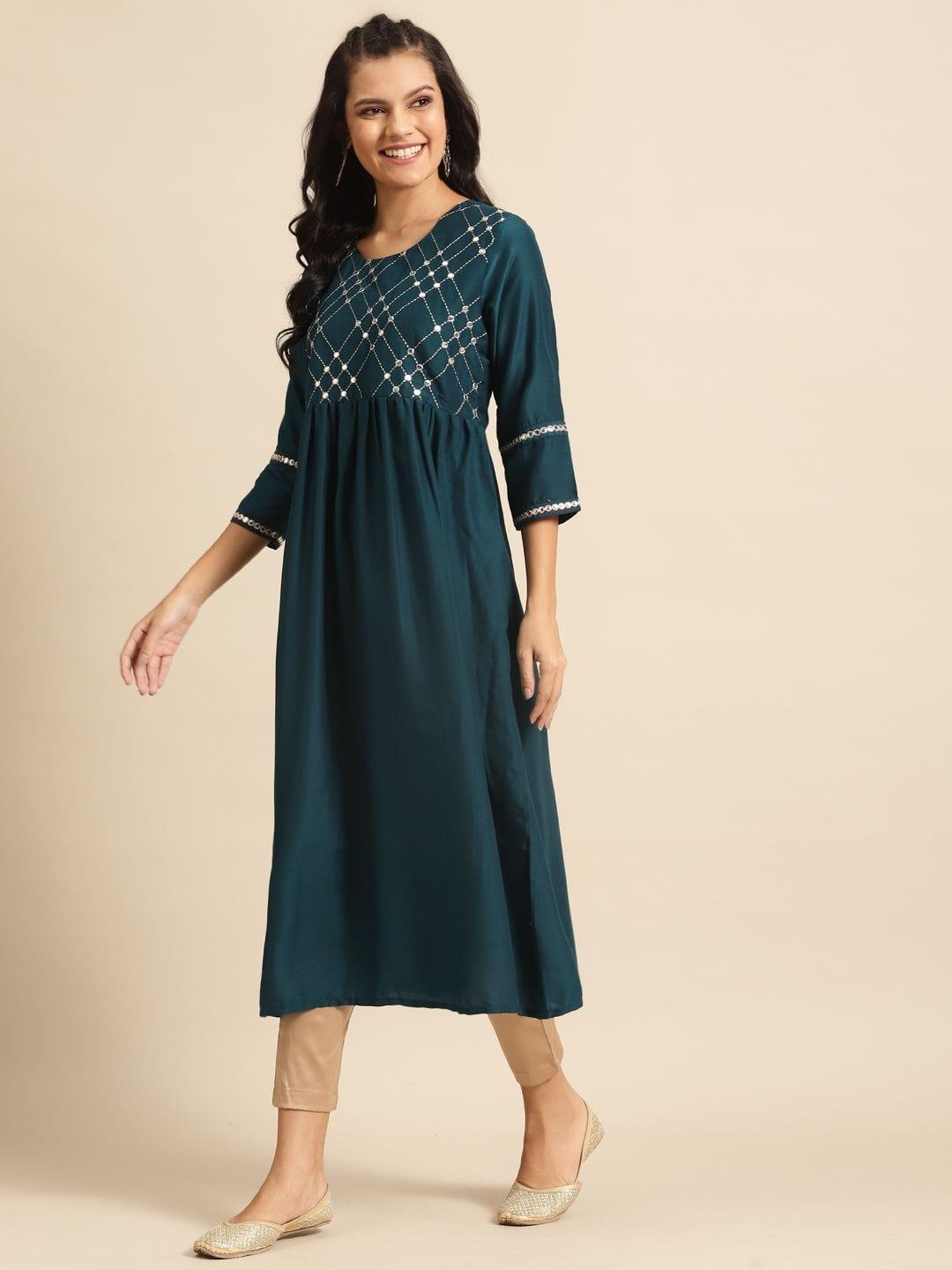 Teal And Gold Mirror Work Embroidery Kurta With 3/4Th Mirror Work Sleeves. - Indiakreations