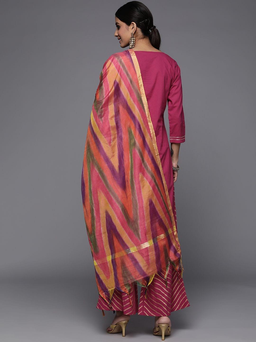 Varanga pink printed kurta paired with tonal plazzo and contrast dupatta - Indiakreations