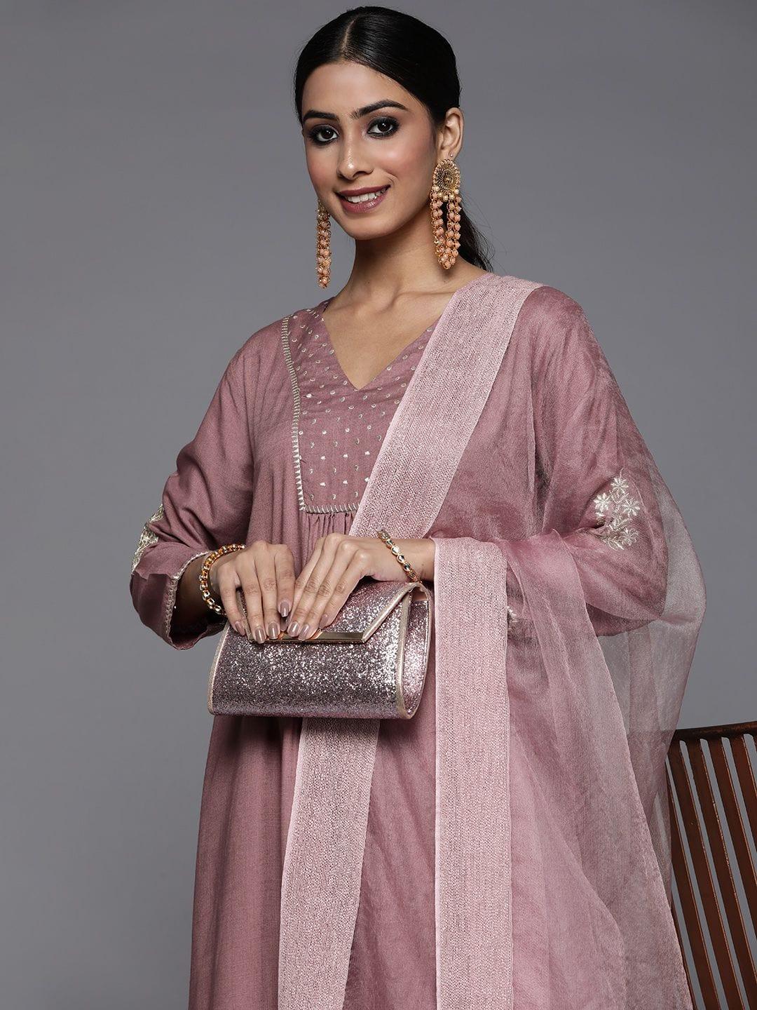 Varanga mauve embroidered A-line kurta with palazzo and dupatta - Indiakreations