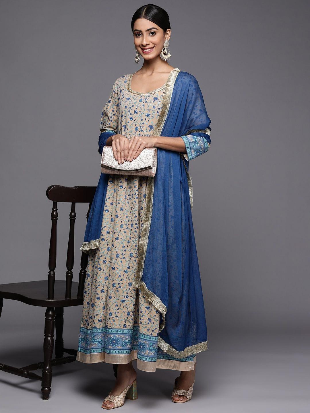 beige and blue floral printed anarkali kurta with chiffon dupatta - Indiakreations