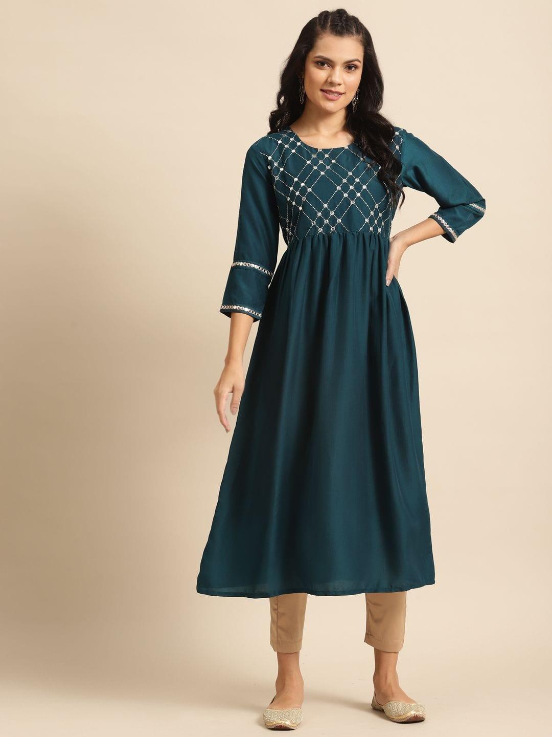 Teal And Gold Mirror Work Embroidery Kurta With 3/4Th Mirror Work Sleeves. - Indiakreations