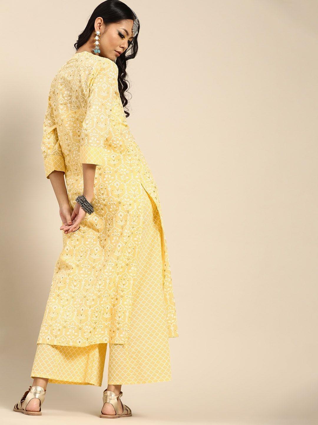 Varanga Women Yellow & White Printed Pure Cotton Kurta with Palazzos - Indiakreations