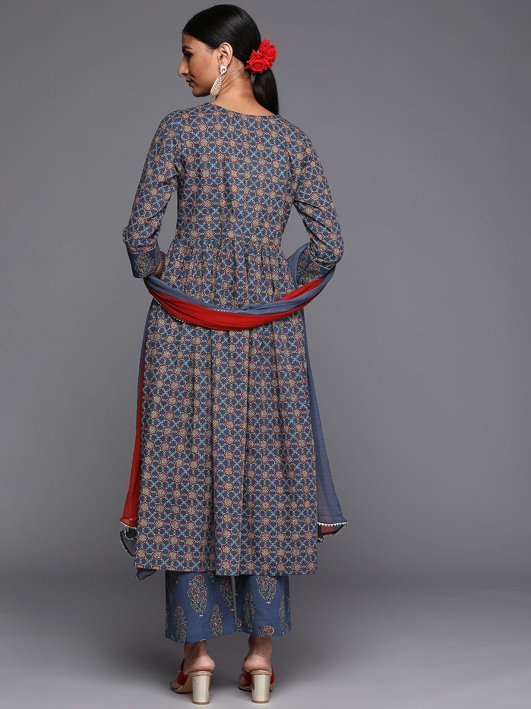 Varanga blue and rust yoke style anarkali paired with printed palazzo and ombre dupatta - Indiakreations