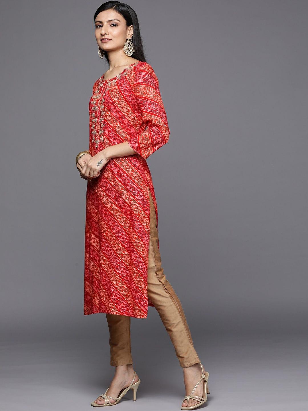 red and orange bandhani printed kurta with embroidered yoke - Indiakreations