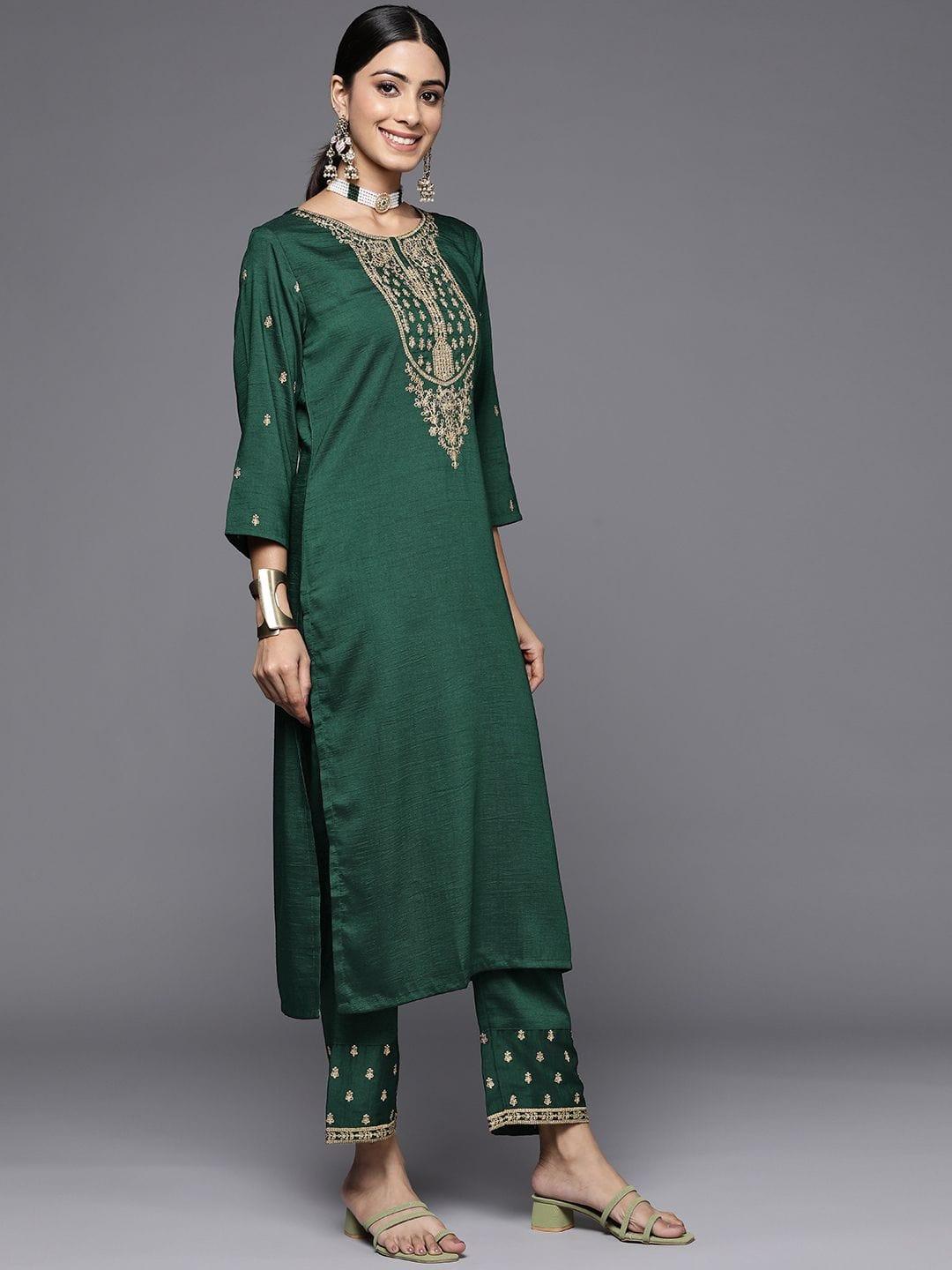 Varanga Green Embroidered Kurta With Embroidered Trouser And Ombre Dupatta - Indiakreations