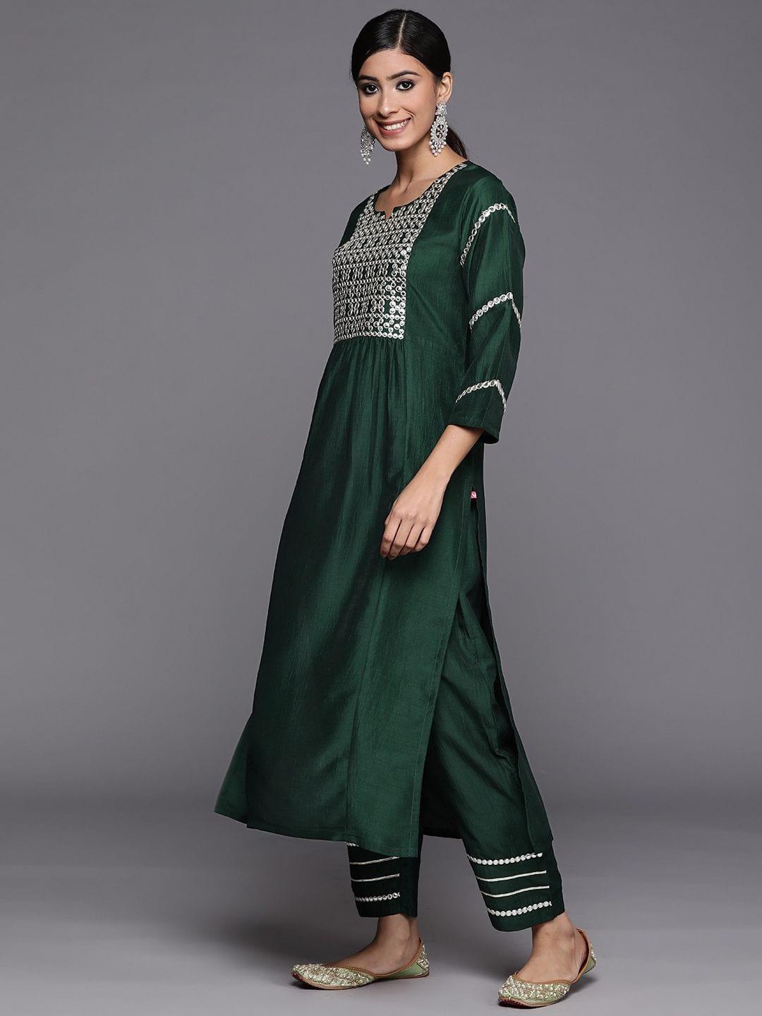 Varanga green embroidered kurta with tonal bottom and tonal chiffon dupatta - Indiakreations