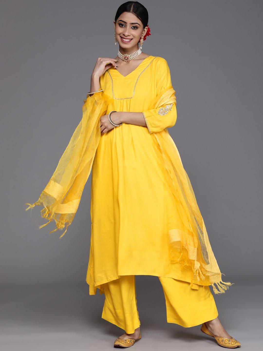 Varanga Women Yellow Solid Kurti with Palazzos & Dupatta - Indiakreations