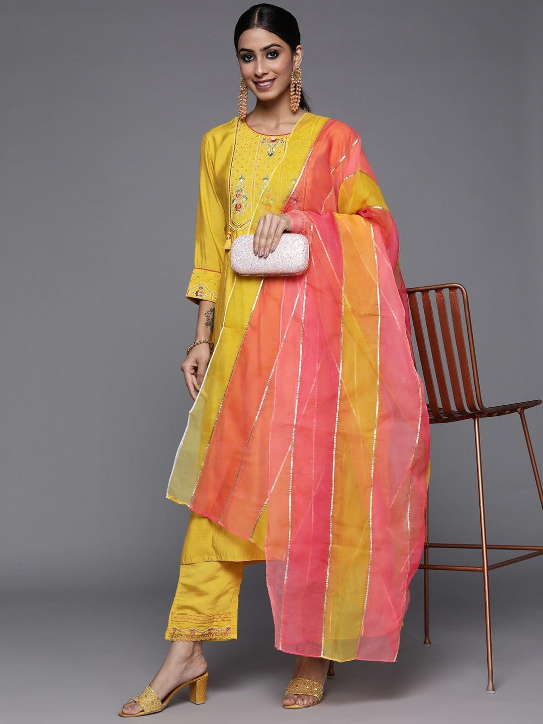 Varanga Yellow Embroidered Kurta Paired With Tonal Straight Bottom And Dupatta - Indiakreations