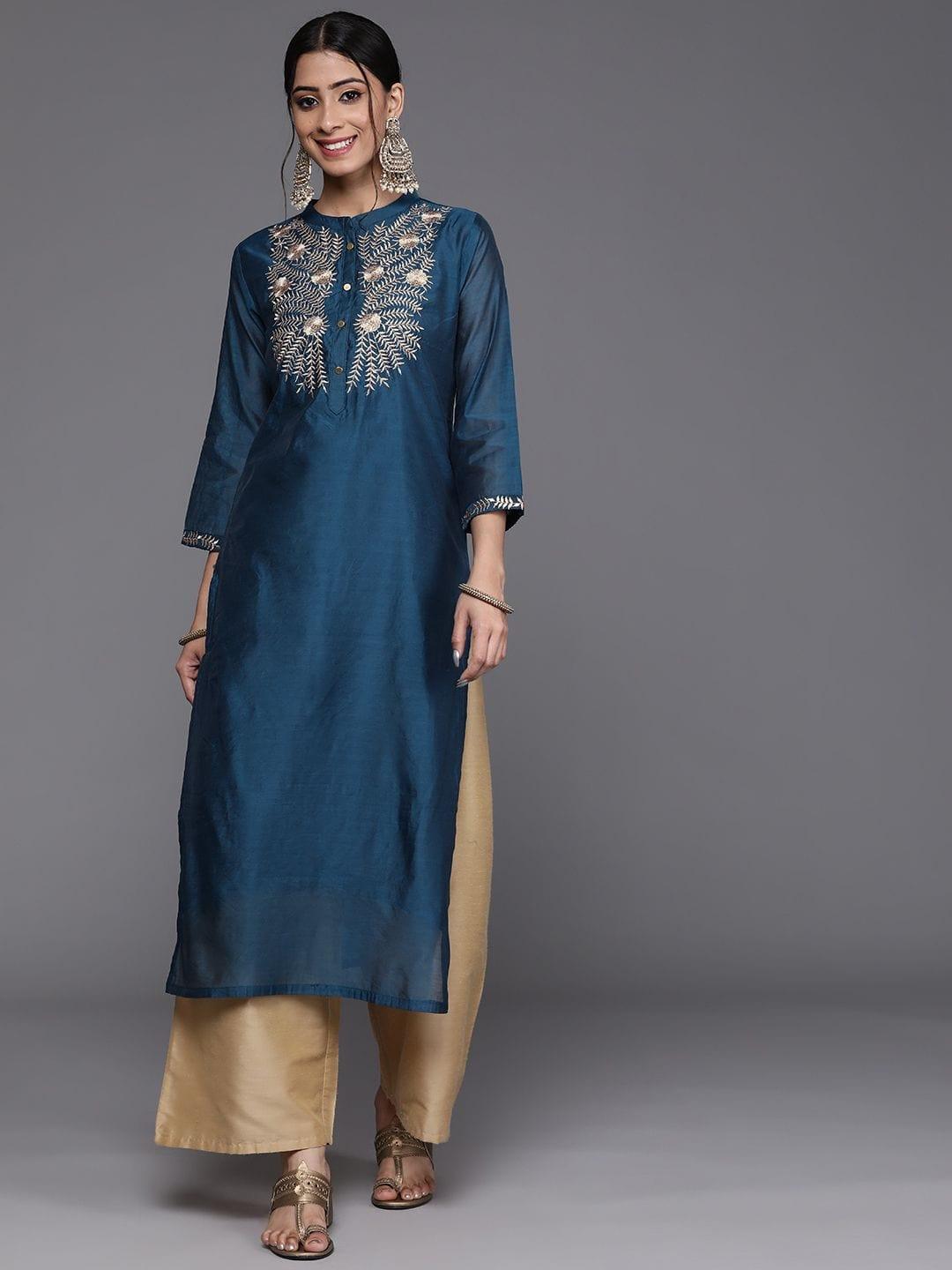 Women Teal Blue & Silver Embroidered Yoke Design Straight Kurta - Indiakreations