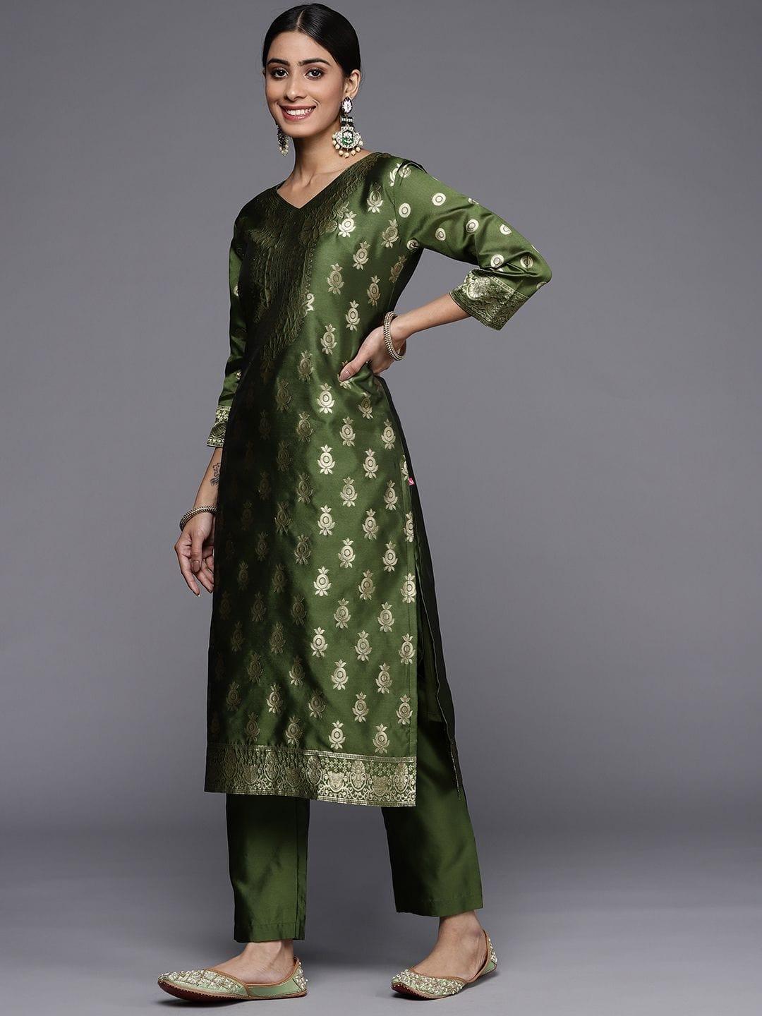 Varanga Women Olive Green Ethnic Motifs Kurta with Trousers & With Dupatta - Indiakreations