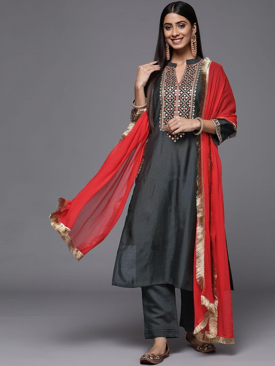 Varanga Grey Embroidered Kurta Paired With Tonal Bottom And Contrast Dupatta - Indiakreations