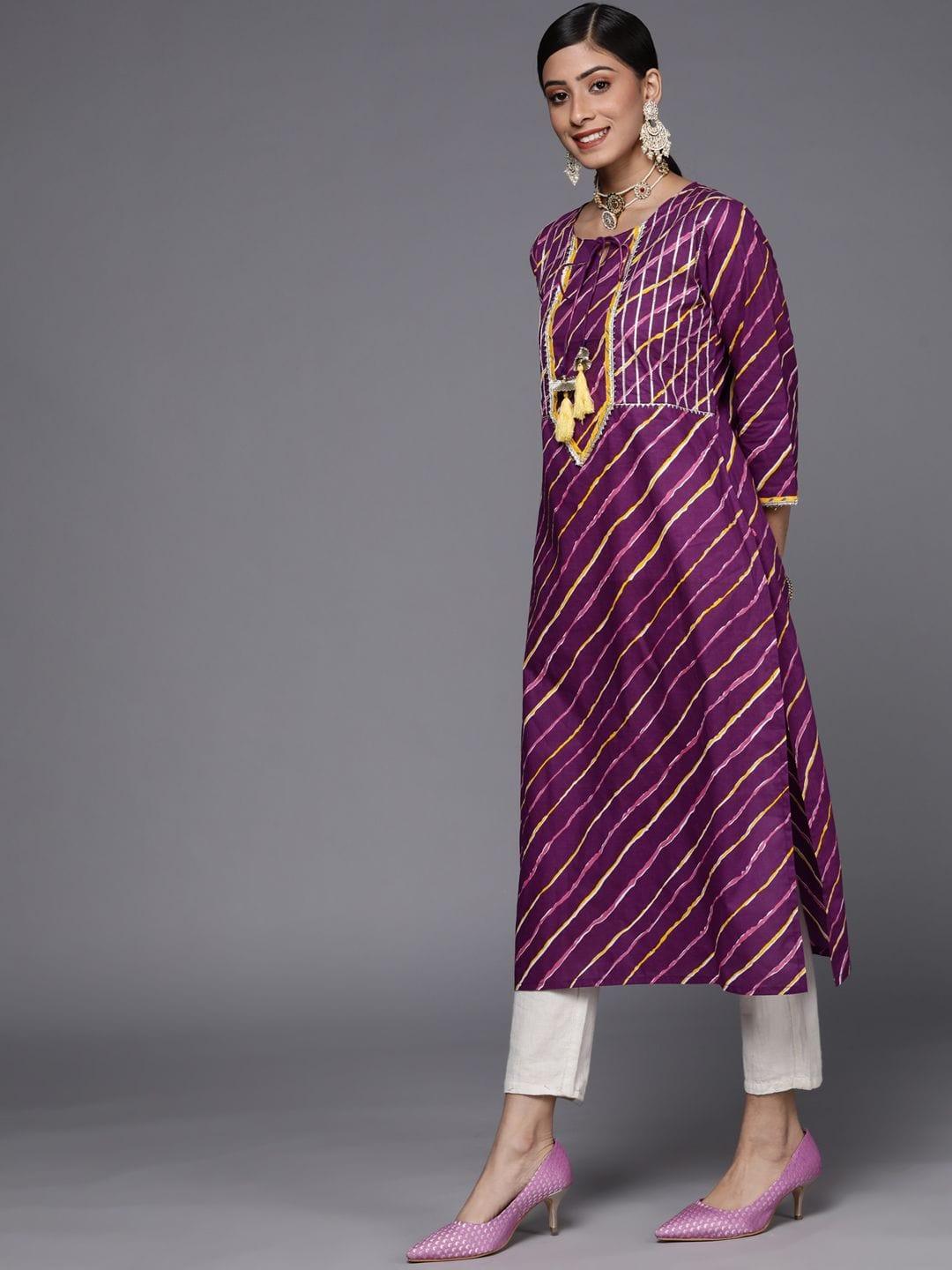 purple printed straight kurta with lace detailings on yoke - Indiakreations