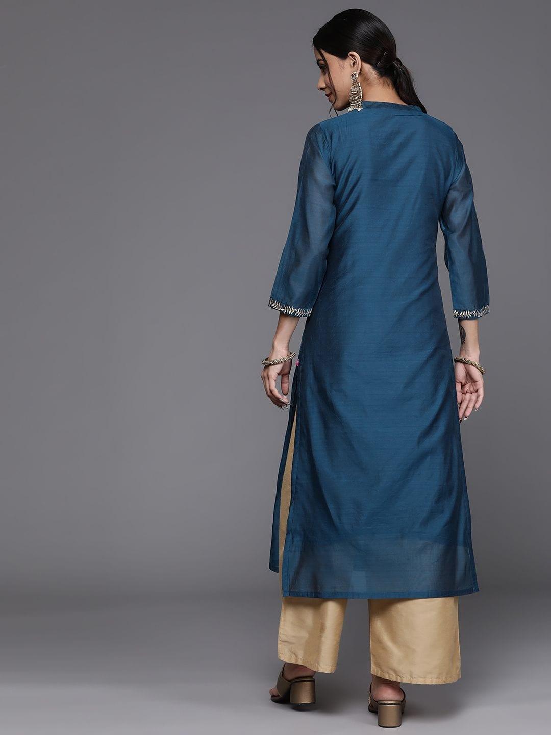 Women Teal Blue & Silver Embroidered Yoke Design Straight Kurta - Indiakreations