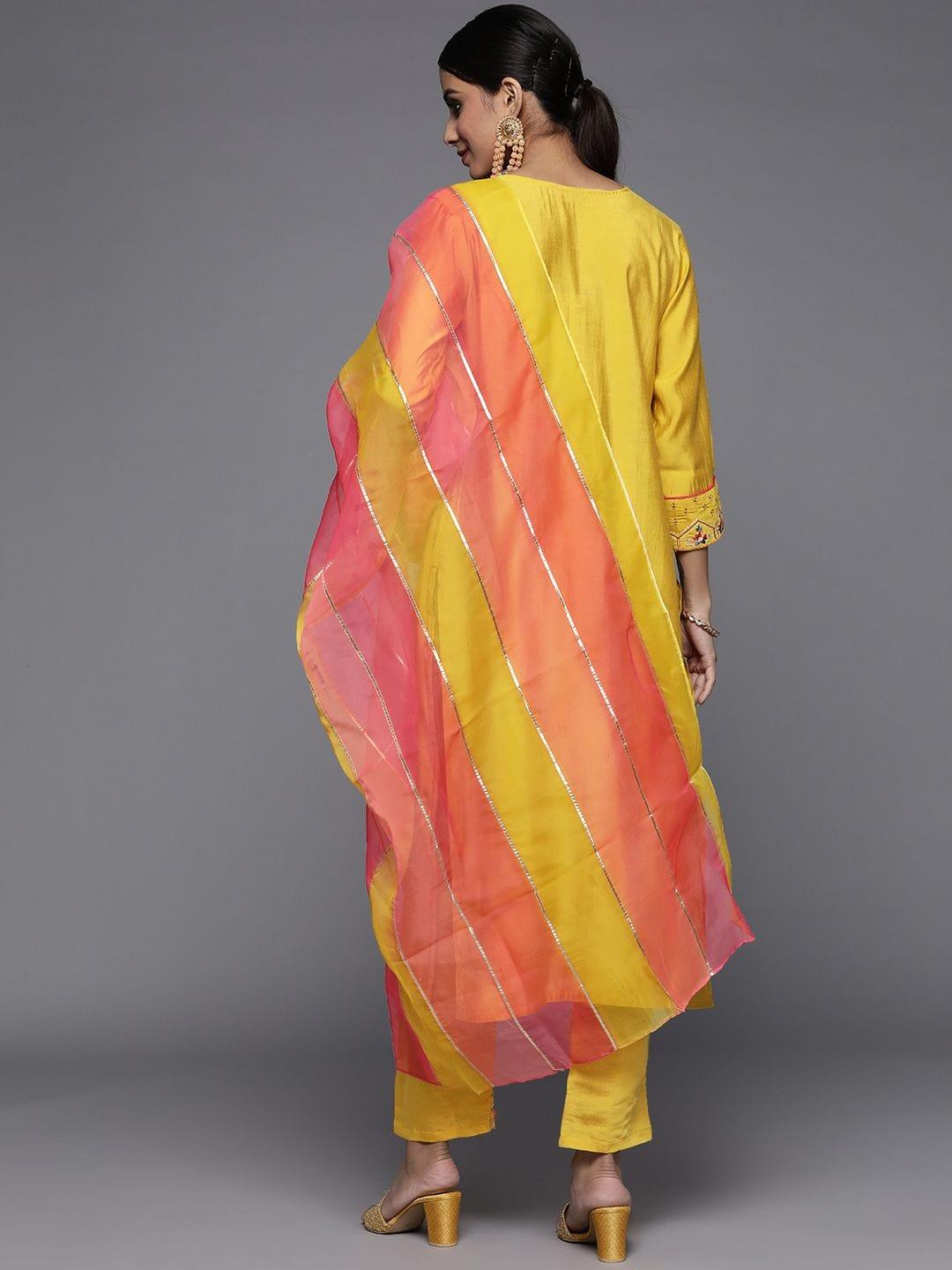 Varanga Yellow Embroidered Kurta Paired With Tonal Straight Bottom And Dupatta - Indiakreations