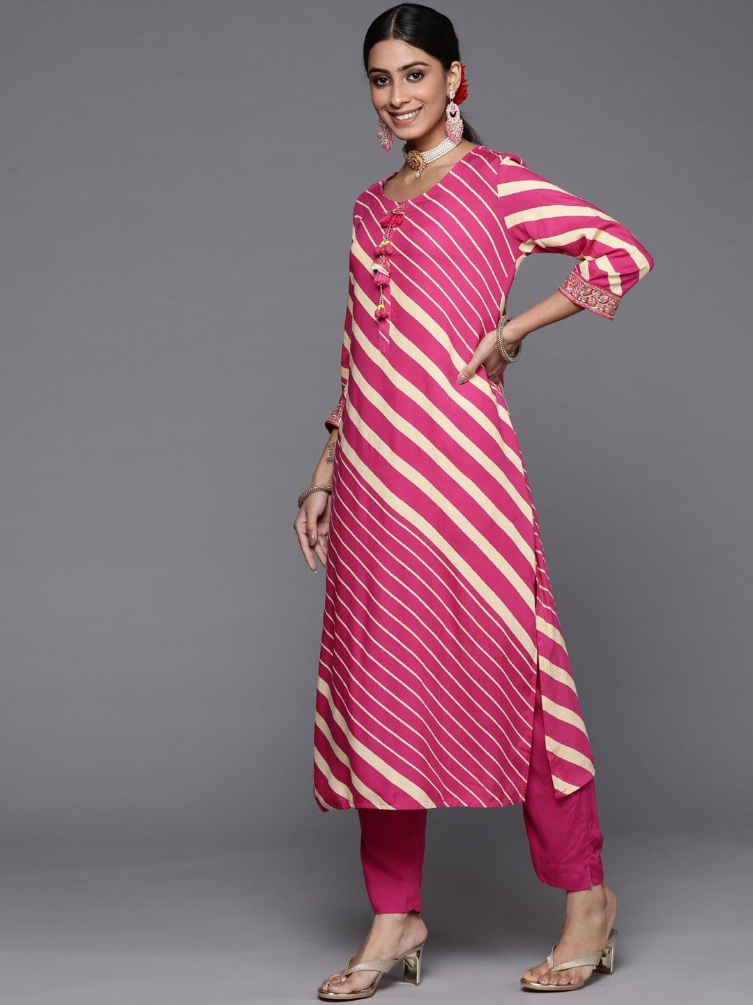 Varanga fuchsia leheriya print kurta with straight pant and leheriya chiffon dupatta - Indiakreations