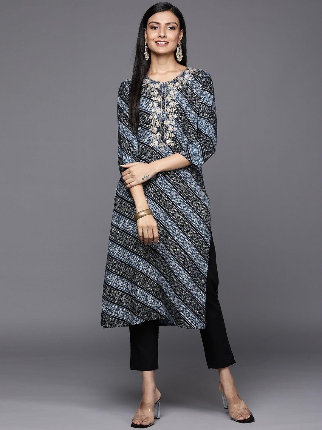 Blue bandhani printed kurta with embroidered yoke - Indiakreations