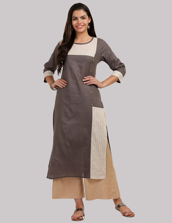 Women's KSUT Brown and White Striped Printed Panelled Straight Kurta - Varanga