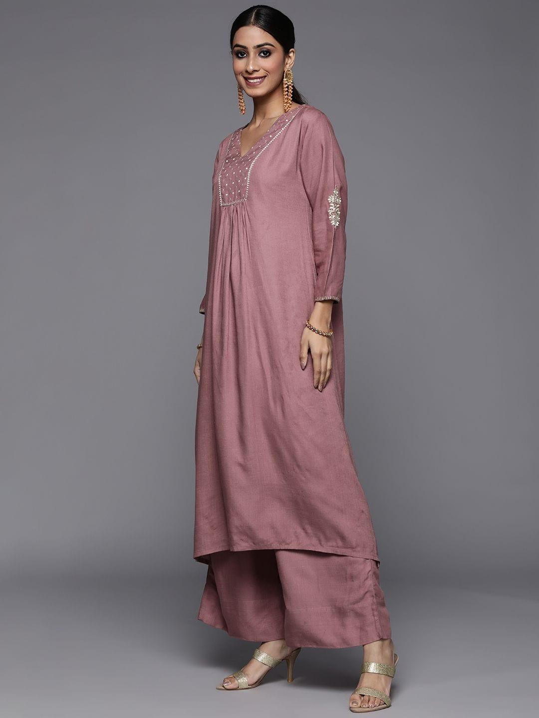 Varanga mauve embroidered A-line kurta with palazzo and dupatta - Indiakreations