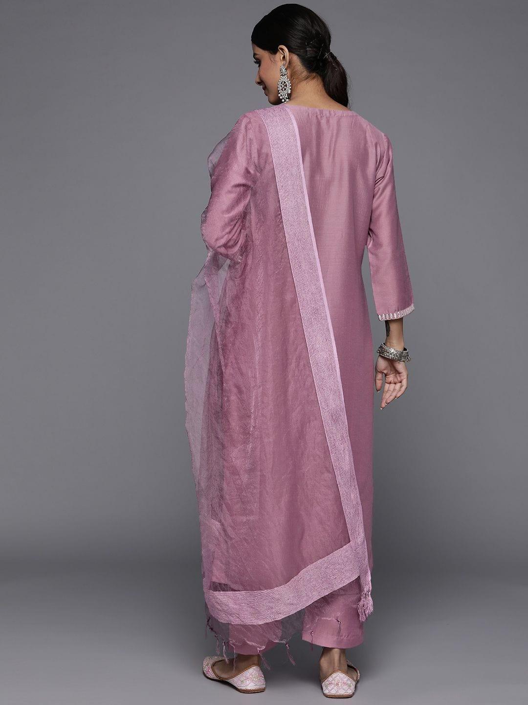 Varanga Mauve Embroidred Kurta Paired With Tonal Bottom And Dupatta - Indiakreations