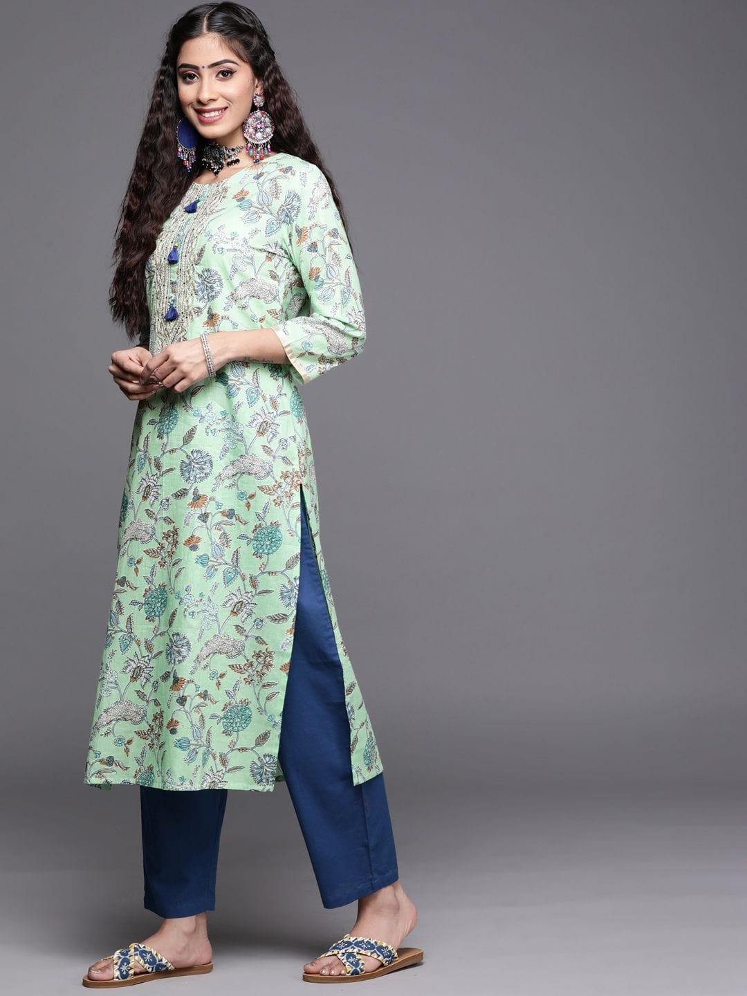 Varanga Women Blue Pure Cotton Floral Printed Sequinned Kurta with Trousers & With Dupatta - Indiakreations