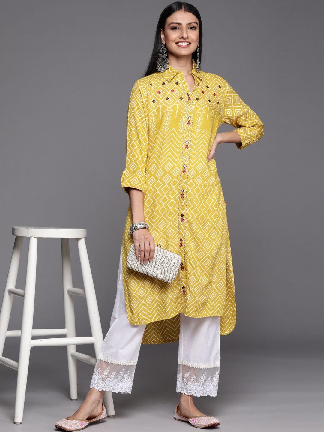 bandhani printed embroidered straight kurta with collar - Indiakreations