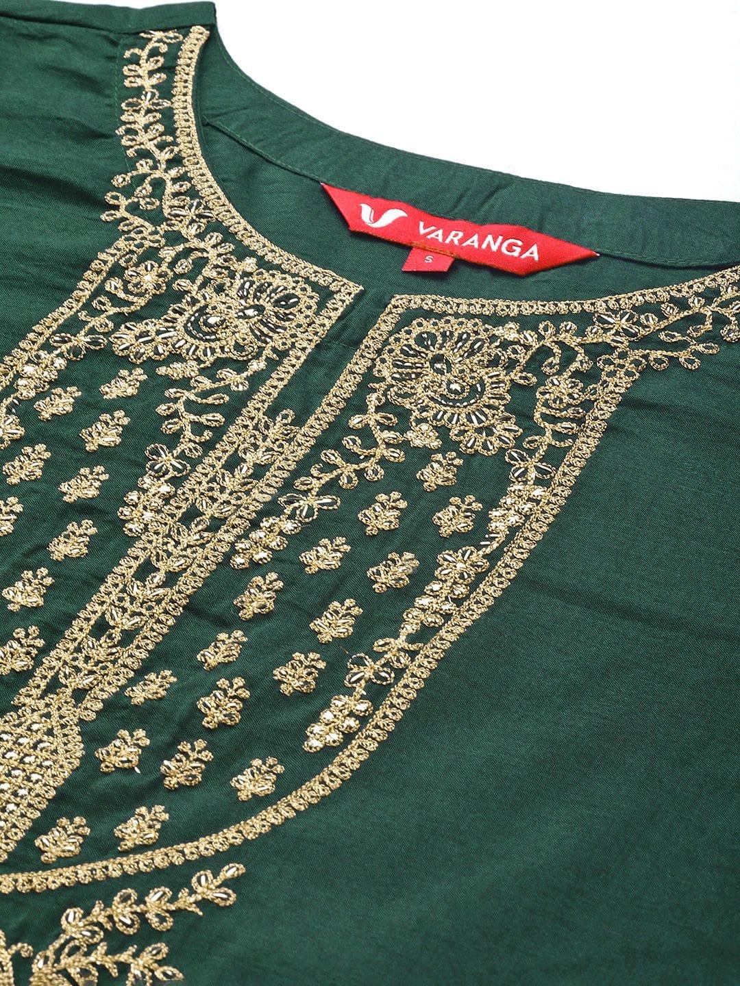 Varanga Green Embroidered Kurta With Embroidered Trouser And Ombre Dupatta - Indiakreations