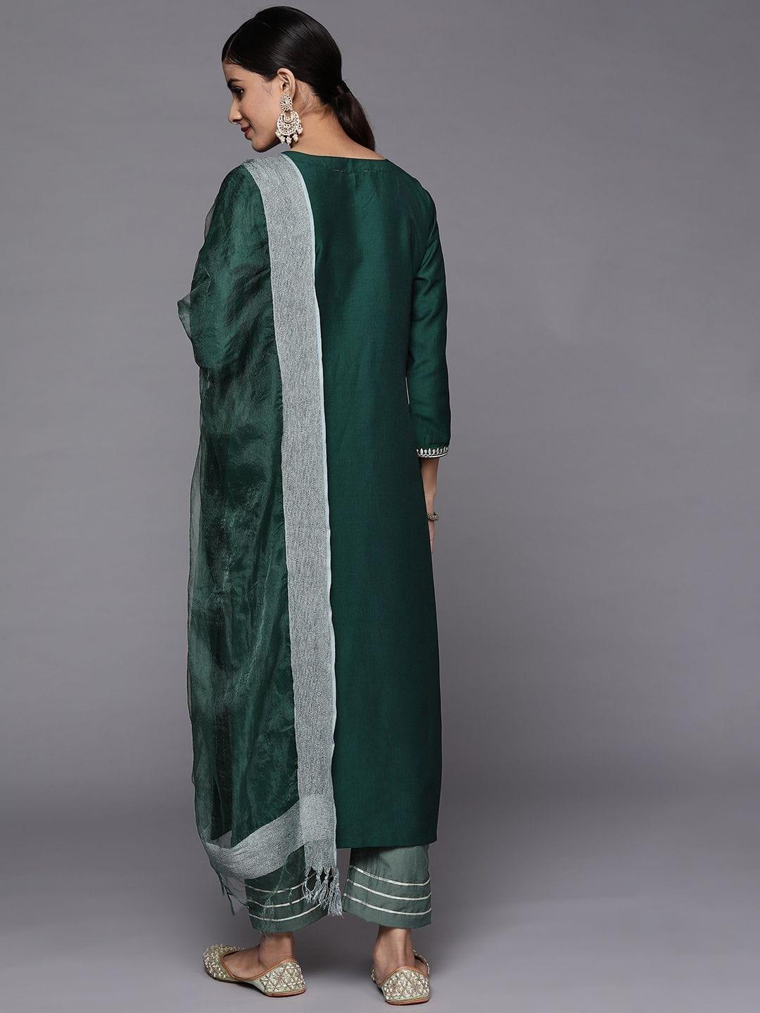 Varanga green embroidered kurta with contrast bottom and dupatta - Indiakreations