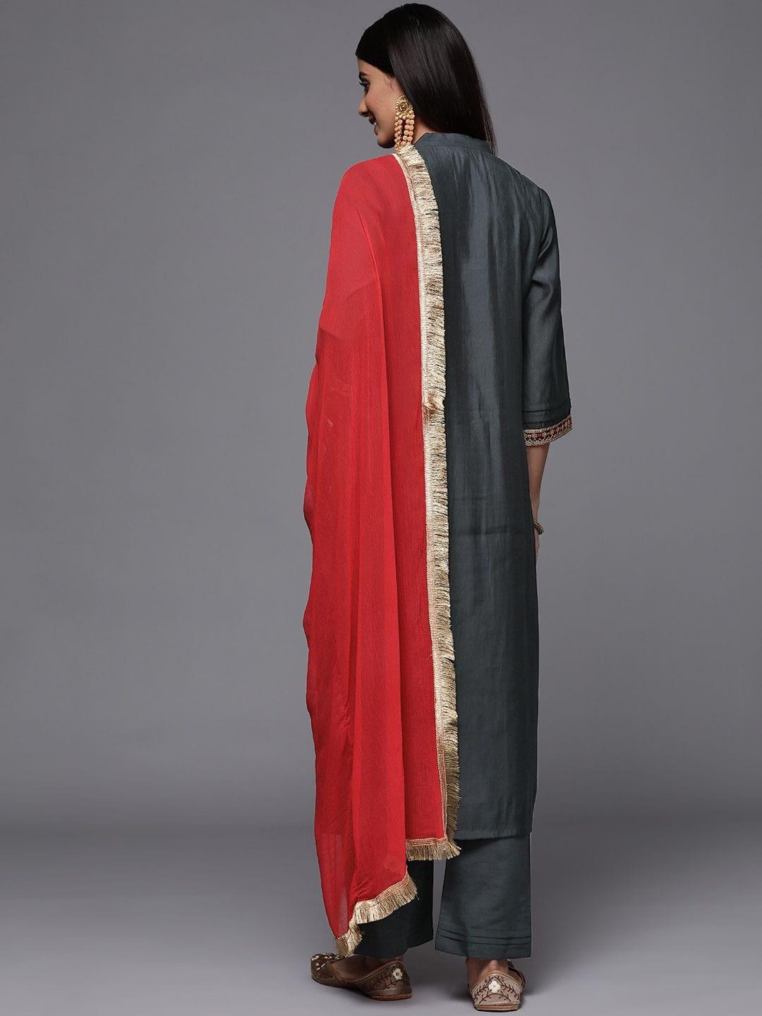 Varanga Grey Embroidered Kurta Paired With Tonal Bottom And Contrast Dupatta - Indiakreations