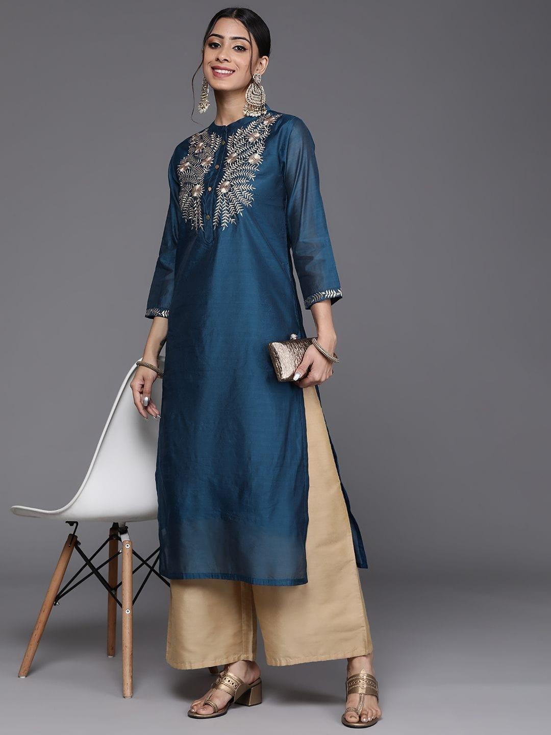 Women Teal Blue & Silver Embroidered Yoke Design Straight Kurta - Indiakreations