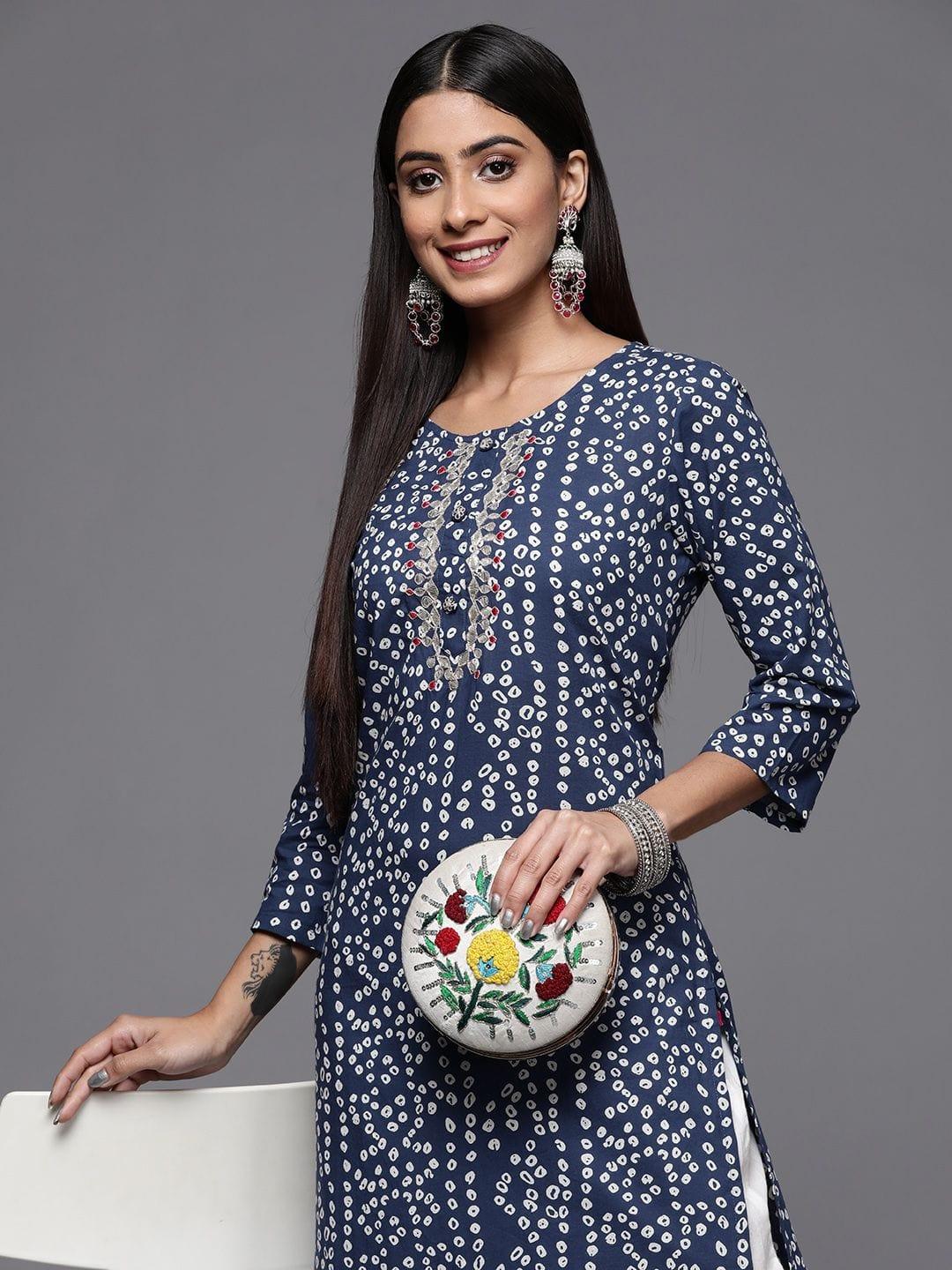 Blue Bandhani Print Embroidered Kurta Has Round Neck - Indiakreations