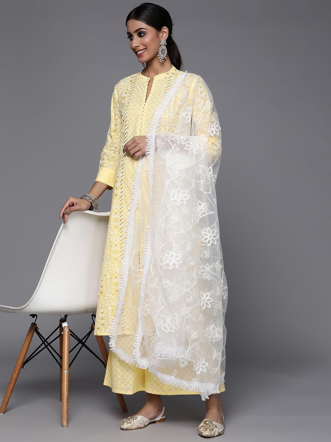 Varanga yellow printed kurta paired with straight printed bottom and contrast dupatta - Indiakreations