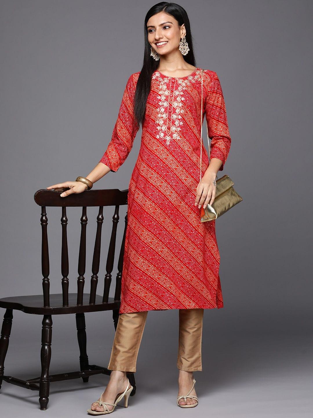 red and orange bandhani printed kurta with embroidered yoke - Indiakreations