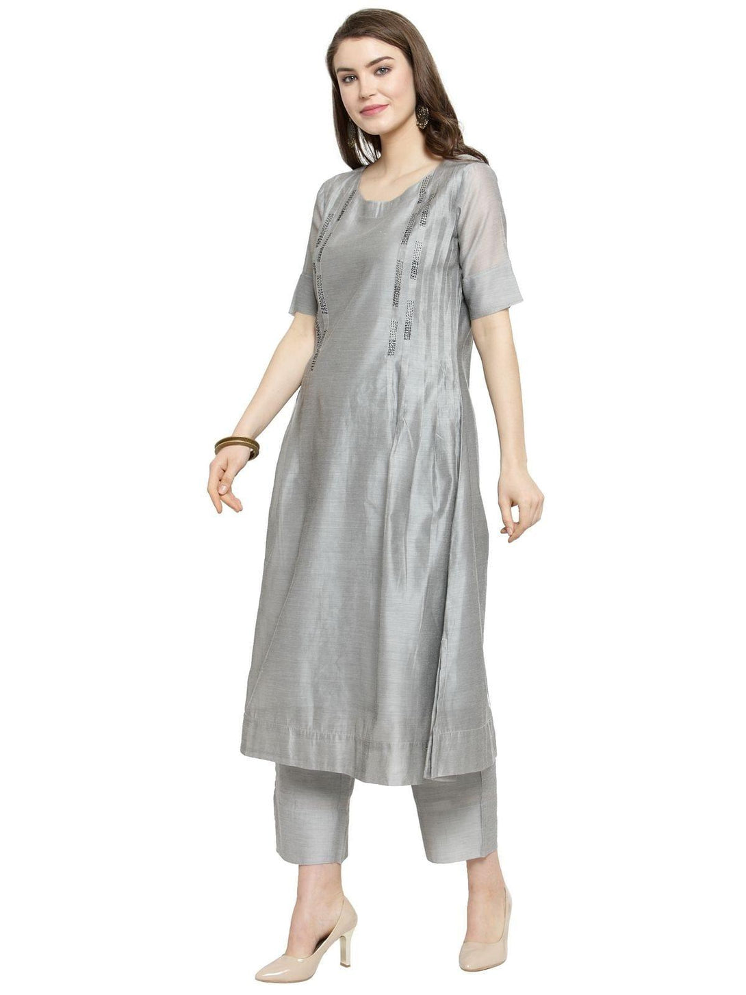 Varanga Women Grey Embroidered Kurta with Trousers - Indiakreations