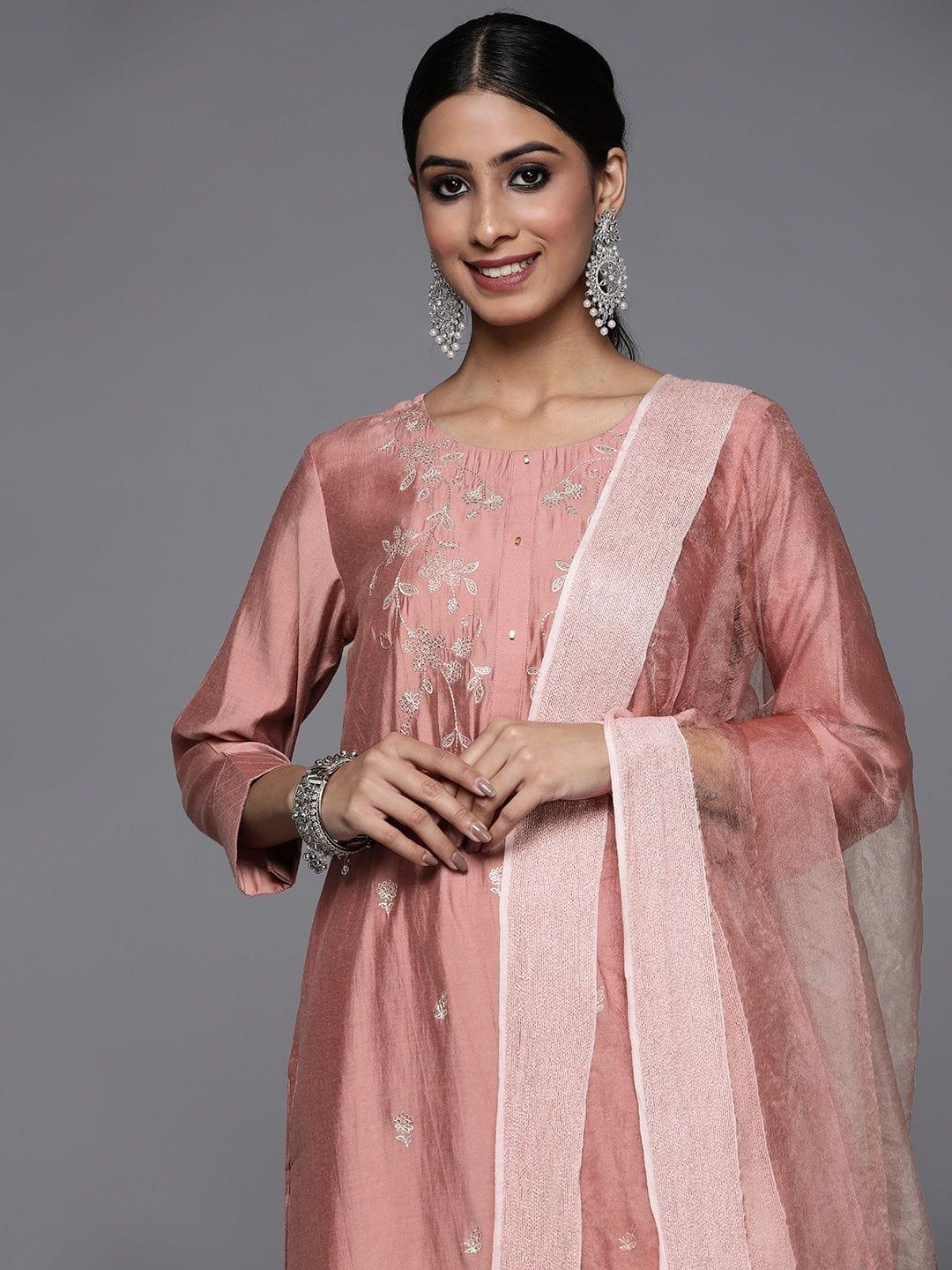 Varanga pink embroidered kurta paired straight tonal bottom and dupatta - Indiakreations