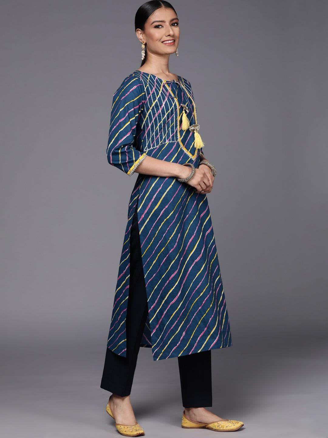 Blue cotton printed straight kurta with lace detailings - Indiakreations