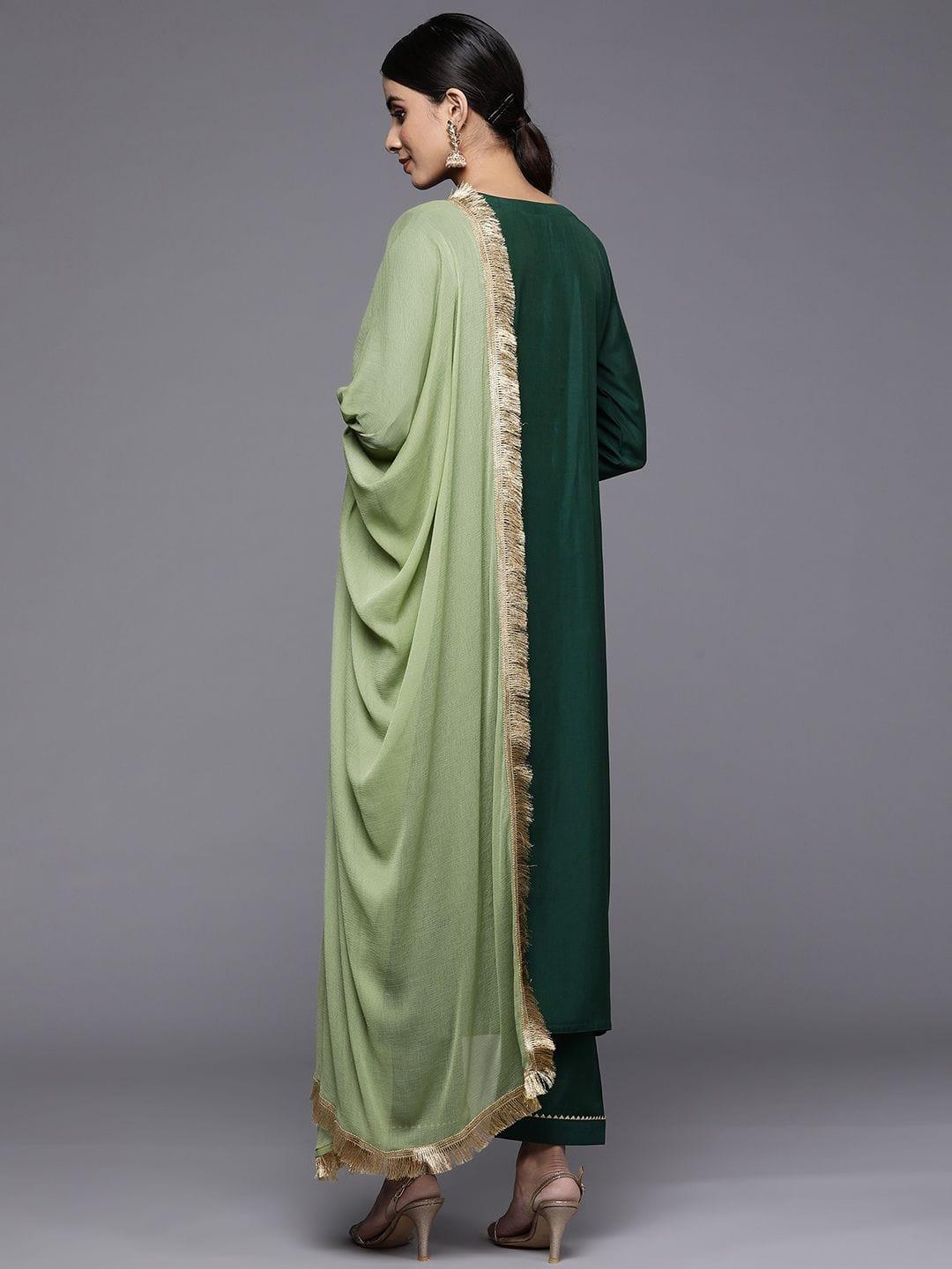 Varanga Green Embroidered Kurta Paired With Tonal Bottom And Contrast Dupatta - Indiakreations