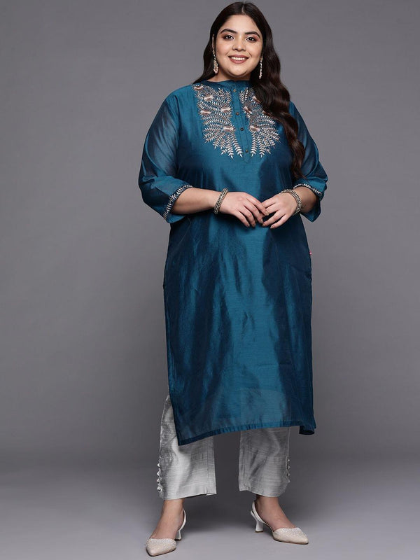 Varanga Women Navy Blue & Grey Embroidered Kurta with Trousers - Indiakreations