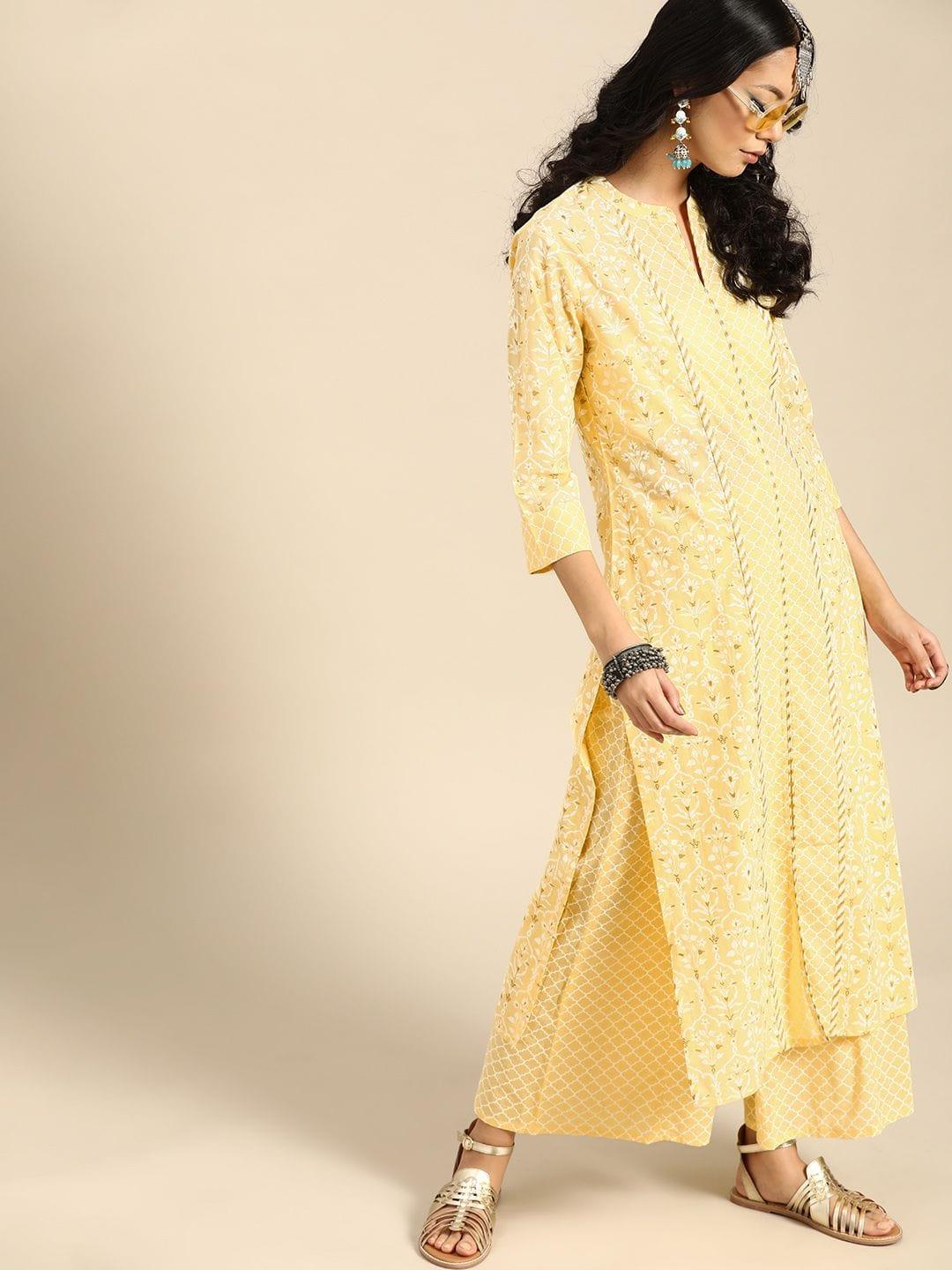 Varanga Women Yellow & White Printed Pure Cotton Kurta with Palazzos - Indiakreations