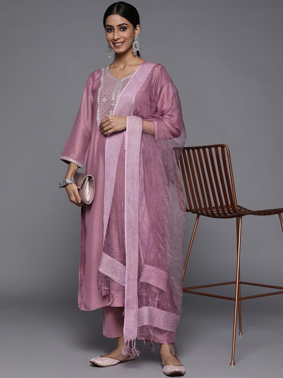 Varanga Mauve Embroidred Kurta Paired With Tonal Bottom And Dupatta - Indiakreations