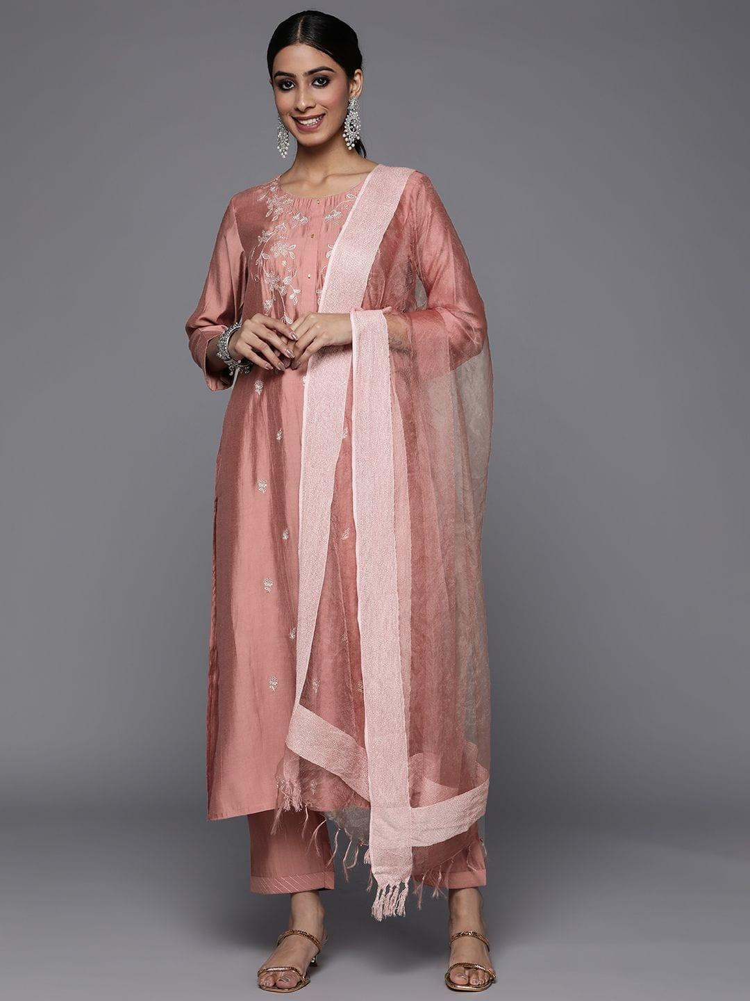 Varanga pink embroidered kurta paired straight tonal bottom and dupatta - Indiakreations