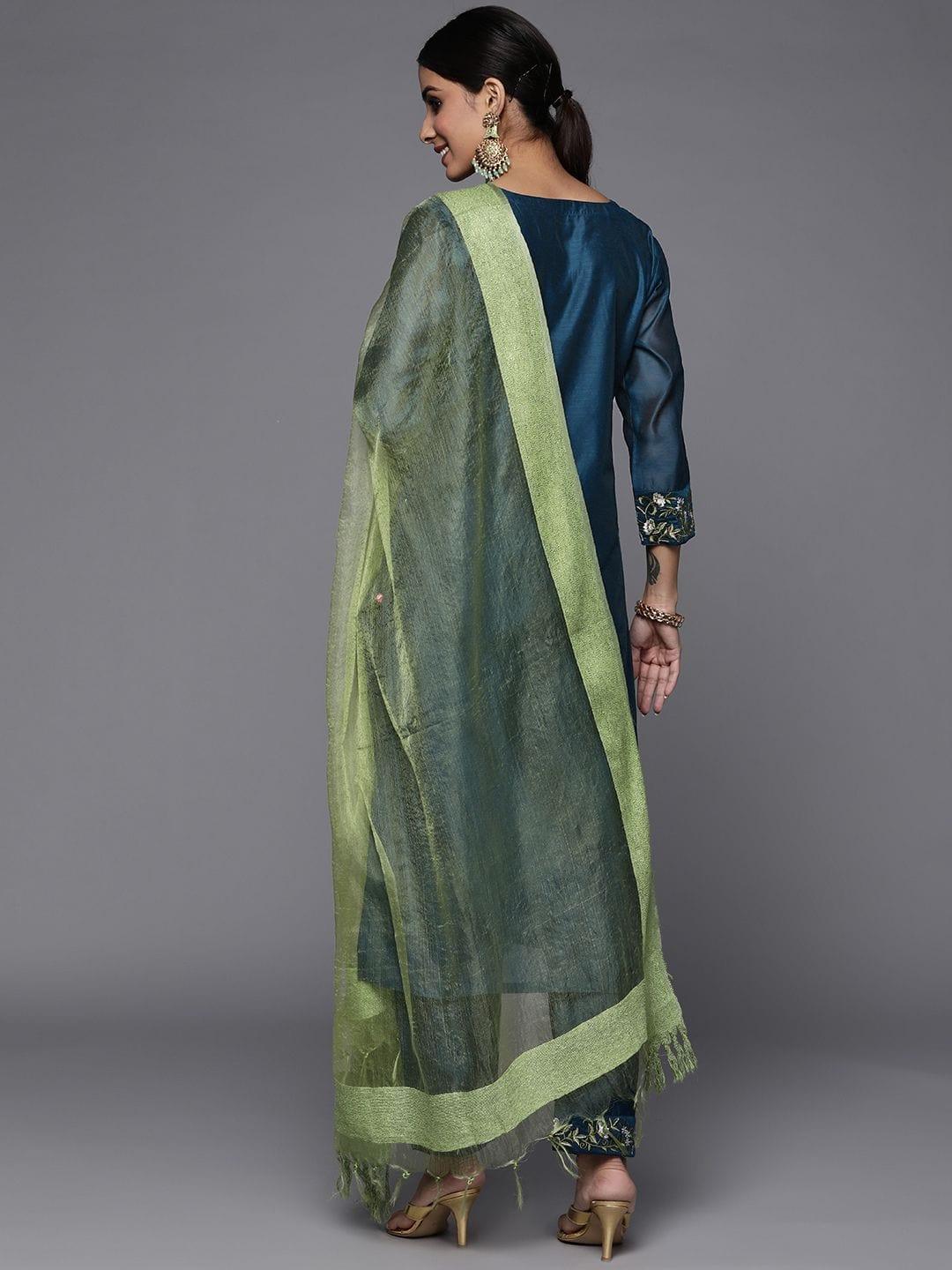 Varanga Navy Blue Embroidered Kurta Paired With Straight Tonal Trouser And Contrast Dupatta - Indiakreations