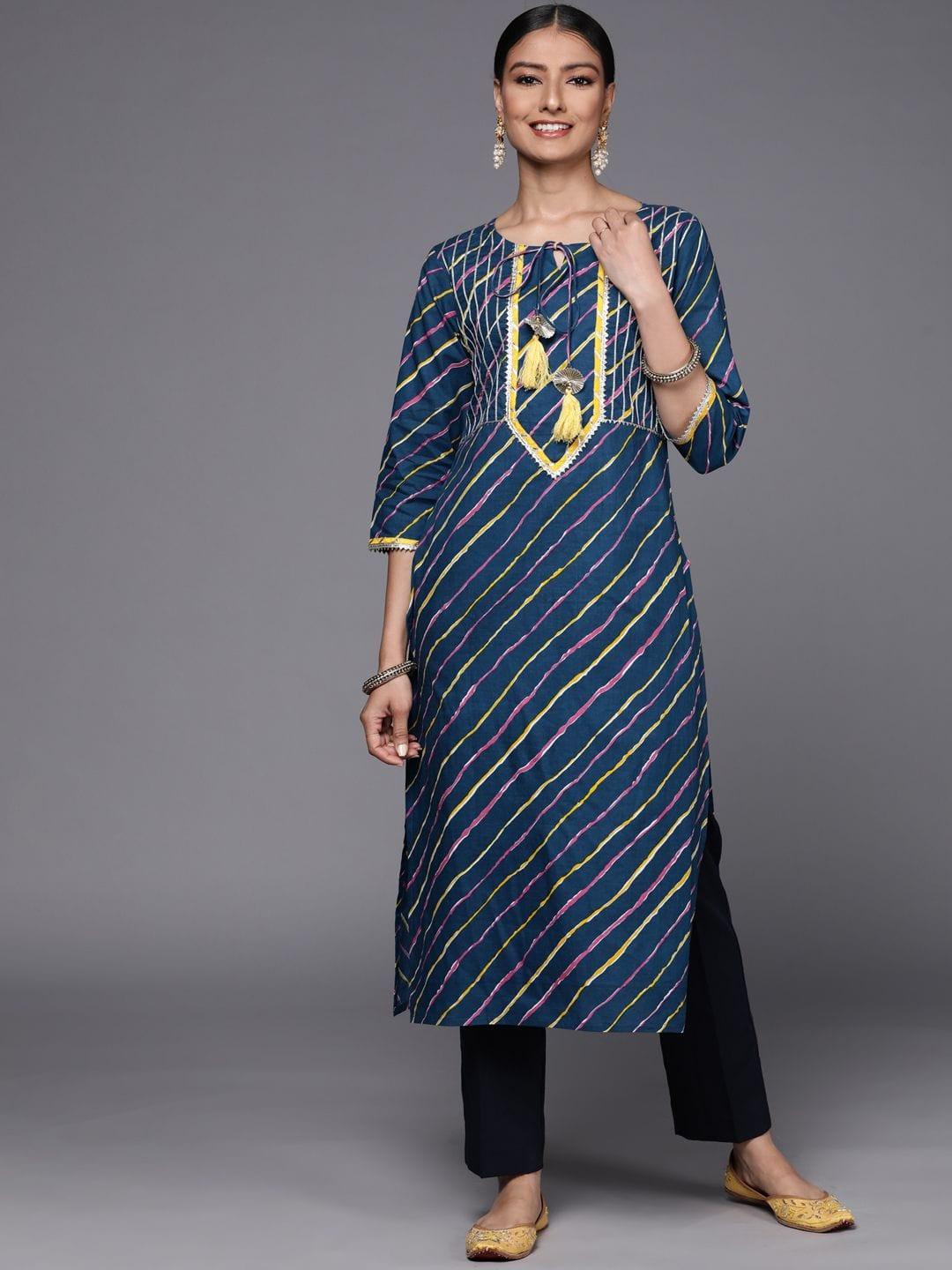 Blue cotton printed straight kurta with lace detailings - Indiakreations