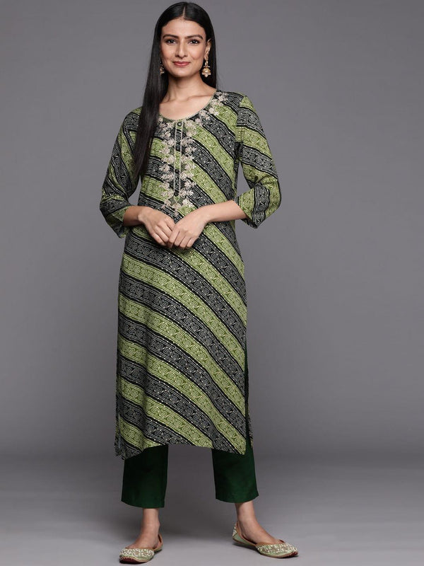 green and black bandhani printed kurta with embroidered yoke - Indiakreations