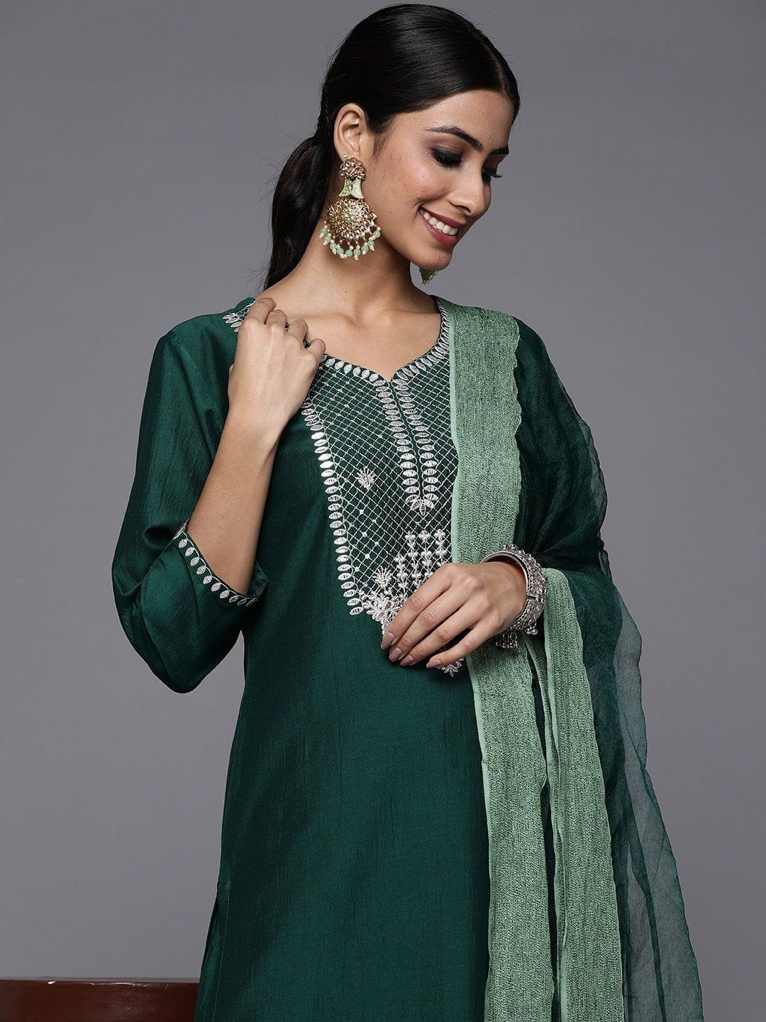 Varanga Green Embroidered Kurta Paired With Tonal Trouser And Dupatta - Indiakreations