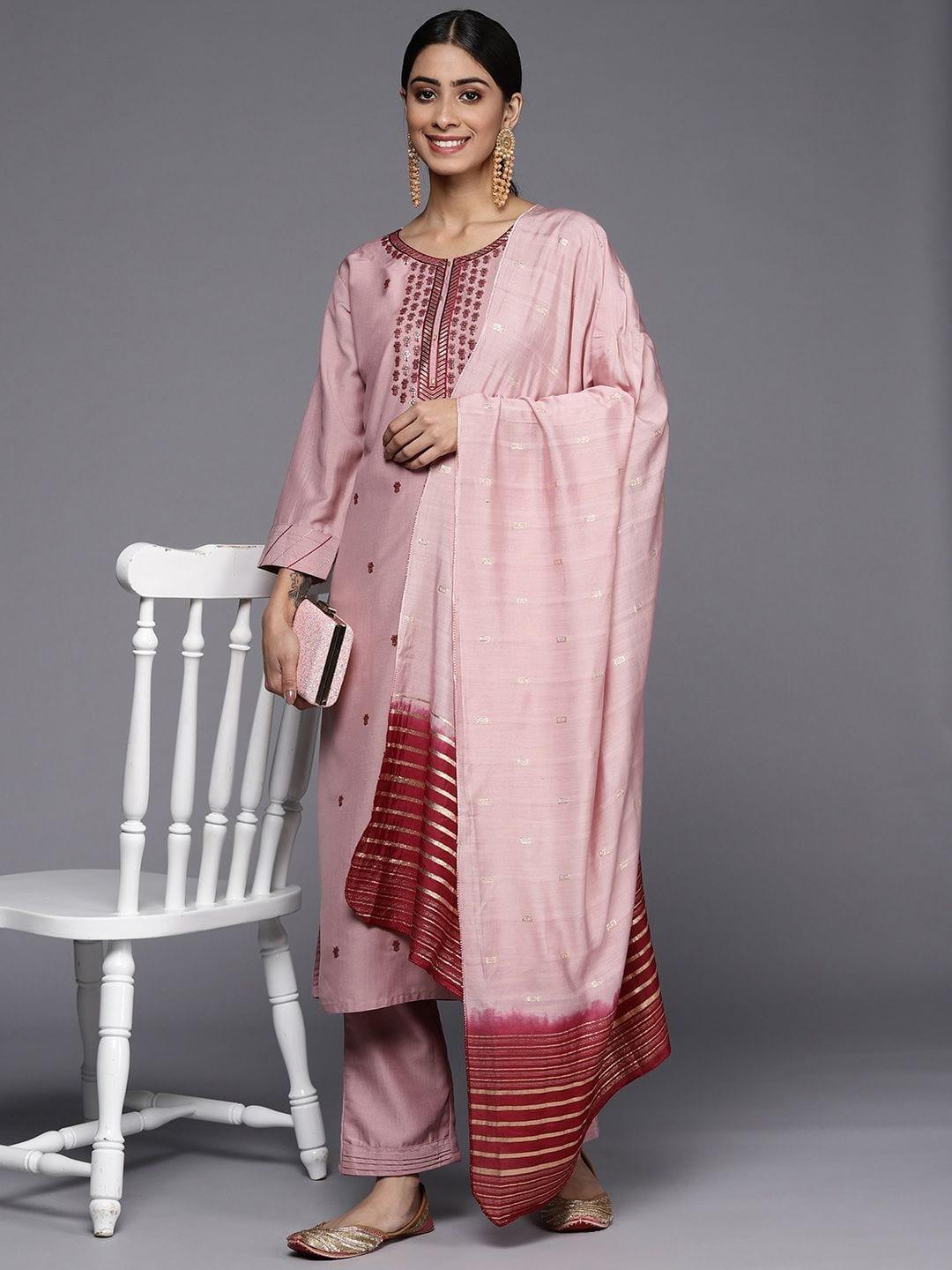 Varanga Women Pink Ethnic Motifs Embroidered Sequinned Kurta with Trousers & With Dupatta - Indiakreations