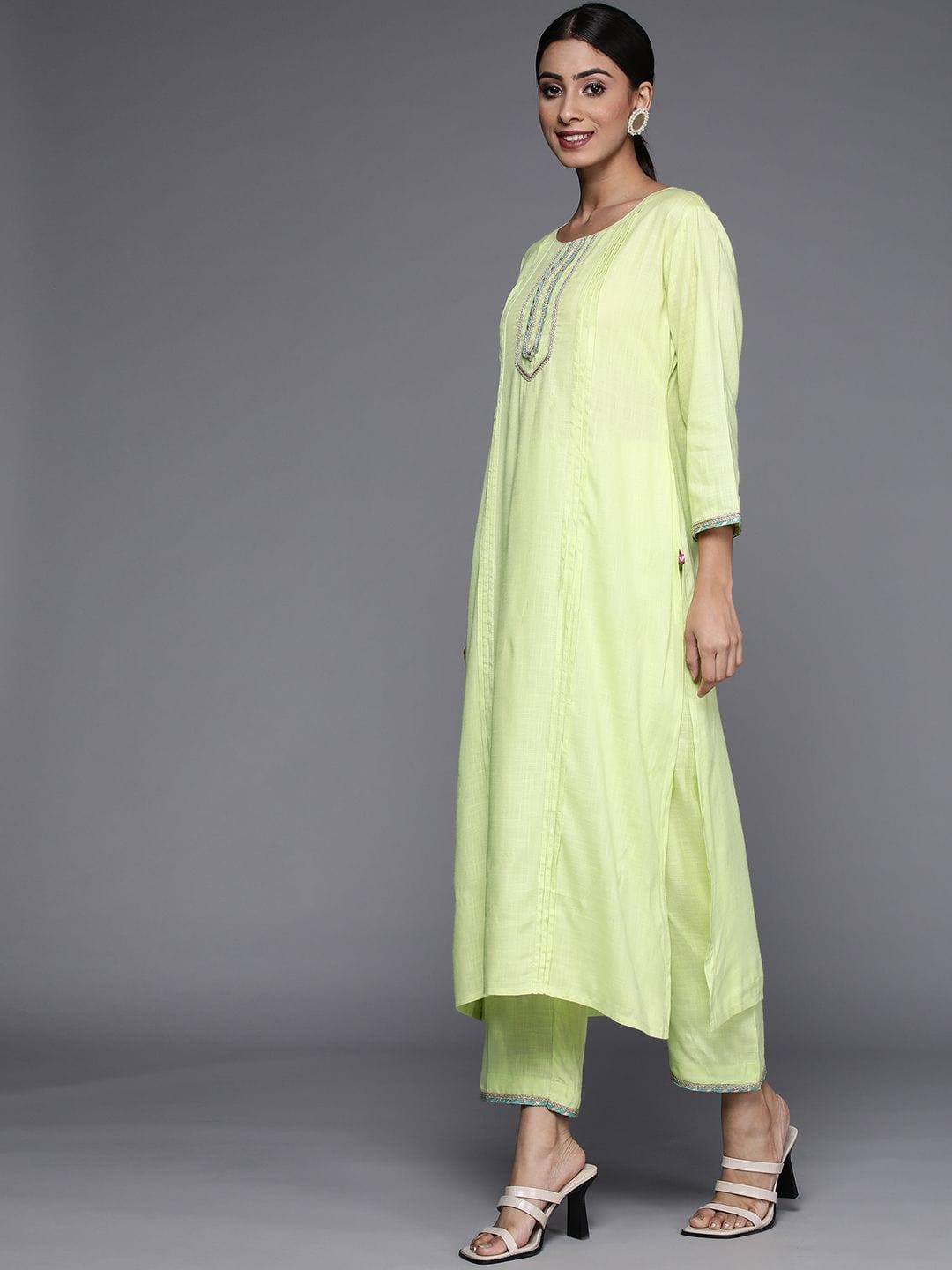 Varanga green kurta with lace embellishment paired with straight pant and dupatta - Indiakreations