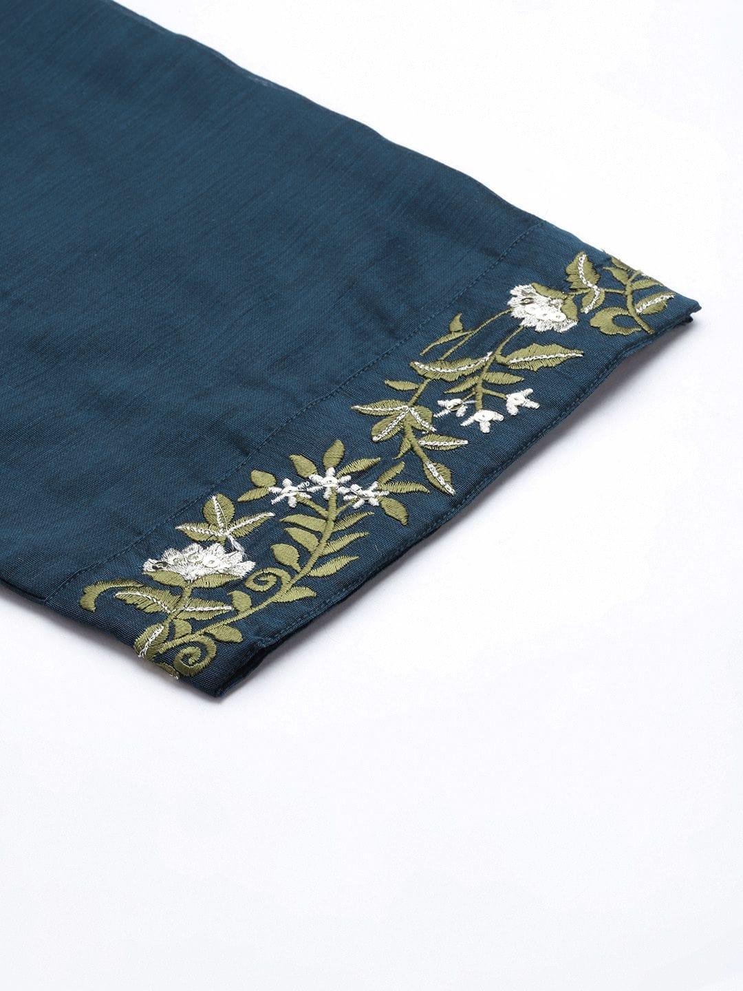 Varanga Navy Blue Embroidered Kurta Paired With Straight Tonal Trouser And Contrast Dupatta - Indiakreations