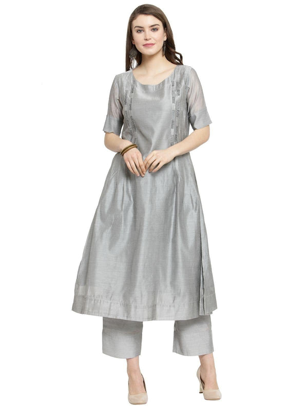 Varanga Women Grey Embroidered Kurta with Trousers - Indiakreations